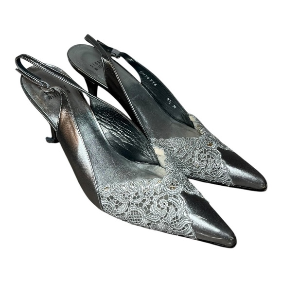 Stuart Weitzman Lace Elegant Silver Slingback Heels 8.5 Feminine Pointed Toe - Picture 2 of 10